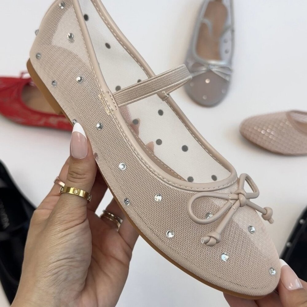 Beige Ballet Flat with Bow and Rhinestones - Womens Mary Jane Flat